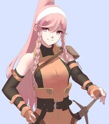  arm_strap belt braid closed_mouth commentary cosplay elbow_gloves female fingerless_gloves fire_emblem fire_emblem:_path_of_radiance fire_emblem_awakening gloves long_hair mia_(fire_emblem) mia_(fire_emblem)_(cosplay) olivia_(fire_emblem) pink_eyes pink_hair ponytail sheath sheathed simple_background skeptycally smile solo sword twin_braids twitter_username upper_body weapon 