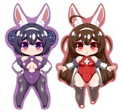  2girls :&lt; absurdres ahoge animal_ear_fluff animal_ears ass_visible_through_thighs azur_lane bare_shoulders black_footwear black_hair black_legwear blush breasts brown_hair brown_outline closed_mouth commentary_request covered_collarbone covered_navel double_bun fake_animal_ears fur-trimmed_jacket fur_trim hair_bun hairband hands_on_own_hips highres jacket kurukurumagical leotard long_hair long_sleeves medium_breasts multiple_girls ning_hai_(azur_lane) ning_hai_(moon_palace_rabbit)_(azur_lane) off_shoulder official_alternate_costume open_clothes open_jacket outline outstretched_arms pantyhose parted_lips ping_hai_(azur_lane) ping_hai_(osmanthus_moon_rabbit)_(azur_lane) playboy_bunny puffy_long_sleeves puffy_sleeves purple_background purple_eyes purple_leotard rabbit_ears red_eyes red_leotard shoes simple_background single_side_bun small_breasts thighhighs two_side_up very_long_hair white_background white_hairband white_jacket 