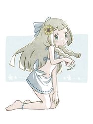  anklet artist_name bad_id bad_twitter_id barefoot bikini blonde_hair bow braid commentary female flower from_side full_body green_eyes hair_flower hair_ornament hairbow highres holding holding_poke_ball jewelry kneeling lillie_(pokemon) long_hair looking_to_the_side mozpoke poke_ball poke_ball_(basic) pokemon pokemon_(anime) pokemon_sm_(anime) solo sunflower swimsuit twin_braids 