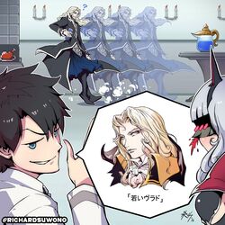  2boys ? afterimage alucard_(castlevania) black_hair blood blue_eyes blush boned_meat candlelight carmilla_(fate) castlevania:_symphony_of_the_night castlevania_(series) chaldea_uniform commentary cup dust_cloud fate/apocrypha fate/grand_order fate_(series) female food fujimaru_ritsuka_(male) gameplay_mechanics games_done_quick highres holding holding_cup mask meat multiple_boys nosebleed okiayu_ryoutarou platinum_blonde_hair richard_suwono signature smirk speedrunning_(topic) spoken_character translated twitter_username vlad_iii_(fate/apocrypha) voice_actor_connection white_hair 