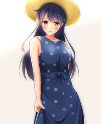  aged_up ahoge alternate_costume black_hair blue_dress blush breasts brown_eyes commentary_request dress female hat highres kantai_collection large_breasts long_hair looking_at_viewer partial_commentary polka_dot polka_dot_dress simple_background sleeveless sleeveless_dress solo straw_hat toyomi_13 ushio_(kancolle) white_background 