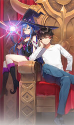  1boy arm_support black_footwear black_gloves blue_eyes blue_hair boots breasts brown_eyes brown_hair cleavage commentary_request covered_navel crossed_legs denim female gloves hat highres indoors long_hair magic medium_breasts mmu official_art shirt shoes smile sneakers throne very_long_hair white_shirt witch_hat 