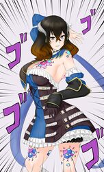  black_hair bloodstained:_ritual_of_the_night blue_eyes breasts brown_hair cleavage commentary female gameplay_mechanics hair_ornament highres jojo_no_kimyou_na_bouken jojo_pose large_breasts menacing_(jojo) miriam_(bloodstained) multicolored_hair pose smirk solo sound_effects speed_lines two-tone_hair viperxtr 