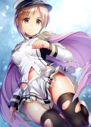  aiba_yumi black_thighhighs blonde_hair breasts brown_eyes cape closed_mouth commentary_request epaulettes female hat idolmaster idolmaster_cinderella_girls jacket long_sleeves ment midriff miniskirt navel peaked_cap pleated_skirt purple_cape seizon_honnou_valkyria_(idolmaster) short_hair skirt small_breasts smile solo stomach thighhighs torn_clothes torn_jacket torn_skirt torn_thighhighs white_hat white_jacket white_skirt zettai_ryouiki 