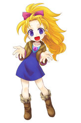  blonde_hair blue_eyes bow commentary_request dress female final_fantasy final_fantasy_5 krile_mayer_baldesion_(ff5) long_hair looking_at_viewer no_s open_mouth ponytail simple_background smile solo white_background 