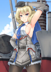  arm_up armpits ass_visible_through_thighs black_gloves black_pantyhose blonde_hair blue_eyes blue_necktie blue_sky braid breasts cannon capelet cloud colorado_(kancolle) commentary_request day dress elbow_gloves female garrison_cap gloves grey_dress hat headgear highres kantai_collection large_breasts lattice_mast machinery necktie pantyhose partial_commentary pleated_dress pose sano_souichi shirt short_hair side_braids sideboob sky sleeveless solo standing white_shirt 