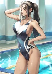  black_eyes black_hair breasts cleavage competition_swimsuit female hand_on_hip kkamja long_hair mole mole_on_breast one-piece_swimsuit open_mouth original ponytail pool solo swim_cap_removed swimsuit wet 