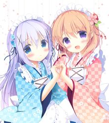  :d aono_ribbon apron blue_eyes blue_flower blue_hair blue_kimono blush checkered_clothes checkered_kimono closed_mouth commentary_request female flower frilled_apron frills gochuumon_wa_usagi_desu_ka? hair_between_eyes hair_flower hair_ornament heart heart_hands heart_hands_duo hoto_cocoa japanese_clothes kafuu_chino kimono light_brown_hair long_hair looking_at_viewer maid maid_apron maid_headdress open_mouth pink_flower pink_kimono purple_eyes smile solo unmoving_pattern very_long_hair wa_maid white_apron white_background 