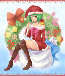  \m/ absurdres bad_id bad_pixiv_id bare_shoulders boots bow christmas commentary_request dress female full_body fur_trim green_hair hat high_heel_boots high_heels highres jewelry knee_boots looking_at_viewer macross macross_frontier necklace off-shoulder_dress off_shoulder oosanshouuo-san ranka_lee red_eyes sack sakura_ran santa_costume santa_hat short_dress short_hair sitting smile solo thighs 