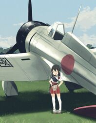  a5m aged_down aircraft airplane akagi_(kancolle) annin_musou bad_id bad_twitter_id bandaid bandaid_on_face black_hair blue_sky cloud commentary_request day female grass hakama hakama_short_skirt hakama_skirt hands_in_pockets highres japanese_clothes kantai_collection long_hair muneate okobo open_mouth outdoors red_hakama round_teeth sandals skirt sky smile solo standing straight_hair tasuki teeth thighhighs upper_teeth_only vehicle_focus white_thighhighs wide_shot 