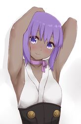  armpits arms_up bare_arms bare_shoulders blush breasts closed_mouth collarbone commentary cosplay dark-skinned_female dark_skin fate/prototype fate/prototype:_fragments_of_blue_and_silver fate_(series) female gradient_background grey_background hair_between_eyes hassan_of_serenity_(fate) head_tilt highres i.u.y japanese_clothes kimono koutetsujou_no_kabaneri looking_at_viewer mumei_(kabaneri) mumei_(kabaneri)_(cosplay) purple_eyes purple_hair senbongi_sayaka shadow sleeveless sleeveless_kimono small_breasts smile solo upper_body voice_actor_connection white_background white_kimono 