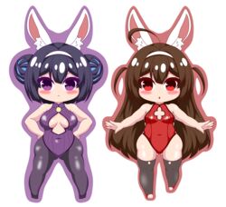  2girls :&lt; absurdres ahoge animal_ear_fluff animal_ears ass_visible_through_thighs azur_lane bare_arms bare_shoulders black_footwear black_hair black_legwear blush breasts brown_hair brown_outline closed_mouth commentary_request covered_collarbone covered_navel double_bun fake_animal_ears hair_bun hairband hands_on_own_hips highres kurukurumagical leotard long_hair medium_breasts multiple_girls ning_hai_(azur_lane) ning_hai_(moon_palace_rabbit)_(azur_lane) official_alternate_costume outline outstretched_arms pantyhose parted_lips ping_hai_(azur_lane) ping_hai_(osmanthus_moon_rabbit)_(azur_lane) playboy_bunny purple_background purple_eyes purple_leotard rabbit_ears red_eyes red_leotard shoes simple_background single_side_bun small_breasts thighhighs two_side_up very_long_hair white_background white_hairband 