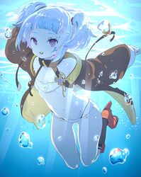  :d air_bubble azur_lane bad_id bad_pixiv_id bikini black_socks blue_hair blunt_bangs brown_collar brown_jacket bubble collar commentary cross female highres hina_(bird_salty) iron_cross jacket kneehighs long_sleeves looking_at_viewer lowleg lowleg_bikini multicolored_hair navel open_mouth pink_eyes puffy_long_sleeves puffy_sleeves red_footwear rudder_footwear short_twintails sleeves_past_wrists smile socks solo streaked_hair swimsuit thighs twintails u-556_(azur_lane) underwater white_bikini 