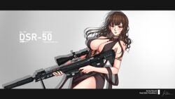  absurdres anti-materiel_rifle armlet assault_rifle bare_legs bare_shoulders bolt_action breasts brown_hair bullpup cleavage collar commentary commission dress dsr-50 dsr-50_(girls&#039;_frontline) dsr-50_(highest_bid)_(girls&#039;_frontline) female girls&#039;_frontline gradient_background grey_background gun highres holding holding_weapon jewelry kizuchi_r large_breasts letterboxed long_hair looking_at_viewer necklace official_alternate_costume red_eyes rifle side_slit signature sniper_rifle solo title very_long_hair weapon 