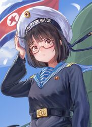  ahoge belt belt_buckle black_hair blush bob_cut brown_eyes buckle cloud commentary_request eyelashes female from_below frown glasses hand_on_headwear hat highres korean_people&#039;s_navy korean_text looking_at_viewer looking_down military military_uniform naval_uniform navy north_korea north_korean_flag original sailor sailor_collar sailor_hat semi-rimless_eyewear shirt short_hair sky soldier solo striped_clothes striped_shirt telnyashka tuziki_sang under-rim_eyewear uniform upper_body wind 