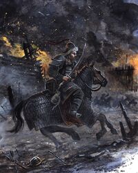  2018 4:5 5_fingers ambiguous_gender armor arrow_(weapon) battlefield biped bridle detailed_background dirt duo_focus equid equine feral fingers fire group headgear helmet holding_melee_weapon holding_object holding_sword holding_weapon hooves horse horseback_riding human male mammal melee_weapon military mount quadruped ranged_weapon reins riding running saddle side_view signature silhouette smoke soldier sword traditional_media_(artwork) tuomas_koivurinne warrior weapon 