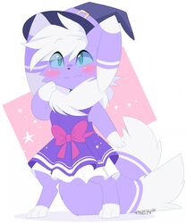  2019 anthro avoid_posting blue_eyes blush clothing digital_media_(artwork) dress felid feline female fur generation_6_pokemon hat headgear headwear hi_res mammal meowstic nintendo pixelyteskunk pokemon pokemon_(species) purple_body purple_fur simple_background solo witch_hat zen_meowstic 