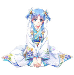  blue_eyes blue_flower blue_hair blue_kimono blush brown_flower chinese_text chtholly_nota_seniorious closed_mouth comma commentary female floral_print flower full_body gyaza hair_between_eyes hair_flower hair_ornament hair_ribbon japanese_clothes kimono long_sleeves obi parted_bangs photoshop_(medium) print_kimono red_flower ribbon sash seiza shuumatsu_nani_shitemasu_ka? sidelocks simple_background sitting smile solo translation_request two_side_up white_background white_flower white_ribbon wide_sleeves 