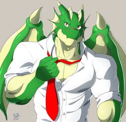  anthro barazoku clothed clothing dragon dress_shirt fully_clothed green_body green_scales hi_res male membrane_(anatomy) membranous_wings muscular muscular_anthro muscular_male mythological_creature mythological_scalie mythology necktie orange_eyes scales scalie shirt solo subaru_aotk topwear unbuttoned wings 