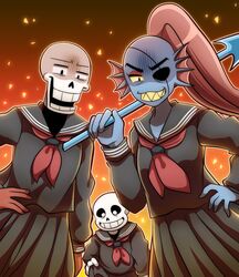  animated_skeleton anthro blue_body blue_skin bone clothed clothing crossdressing eye_patch eyewear female fish group hair hi_res japanese_uniform looking_at_viewer male marine mix_2180 papyrus_(undertale) ponytail red_hair sans_(undertale) sharp_teeth skeleton smile teeth undead undertale undertale_(series) undyne uniform 