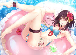  absurdres armpits bad_id bad_pixiv_id bare_arms bare_legs bare_shoulders barefoot bikini black_hair blue_bikini breasts cleavage commentary_request cup drinking_glass drinking_straw feet female flower front-tie_bikini_top front-tie_top hair_between_eyes hair_flower hair_ornament hibiscus highres innertube legs_up looking_at_viewer numpopo original red_eyes red_flower short_hair side-tie_bikini_bottom small_breasts solo sunflower swim_ring swimsuit thigh_strap water yellow_flower 