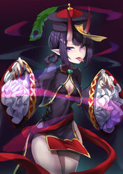  absurdres braid braided_hair_rings breasts china_dress chinese_clothes cleavage commentary_request covered_navel cowboy_shot dress fate/grand_order fate_(series) female fingernails frilled_sleeves frills hair_rings hat highres horns iku!_iku!! jacket jiangshi long_fingernails long_hair long_sleeves looking_at_viewer medium_breasts no_panties oerba_yun_fang ofuda oni open_mouth outstretched_arms peacock_feathers pelvic_curtain pointy_ears purple_dress purple_eyes purple_hair purple_jacket qingdai_guanmao red_horns red_nails sash short_dress shuten_douji_(fate) shuten_douji_(festival_outfit)_(fate) skin-covered_horns smoke solo tongue tongue_out twin_braids wide_sleeves 