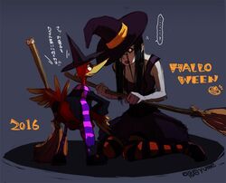  ...? 2016 2girls 98yume bad_end banjo-kazooie black_hair bloom commentary_request company_connection cosplay crossover dress green_eyes grey_background gruntilda_winkybunion gruntilda_winkybunion_(cosplay) halloween hat hisako_(killer_instinct) holding kazooie_(banjo-kazooie) killer_instinct_(2013) killer_instinct_(series) multiple_girls open_mouth orange_eyes scarf simple_background sitting thighhighs translated twitter_username witch witch_hat 