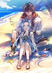  1boy aki_(neyuki41028) blue_eyes blue_hair braiding_hair commentary_request dress female granblue_fantasy hairdressing highres long_hair lyria_(daughter_of_pearl)_(granblue_fantasy) lyria_(granblue_fantasy) male_swimwear official_alternate_costume open_mouth outdoors sandalphon_(granblue_fantasy) sandalphon_(summer)_(granblue_fantasy) sandals school_swimsuit short_dress sitting swim_trunks swimsuit very_long_hair 