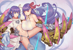  2girls armor armored_boots belt_collar bigrbear boots breasts claws collar commentary crotch_plate english_commentary fate/grand_order fate_(series) hair_ribbon highres huge_breasts long_hair long_sleeves looking_at_viewer meltryllis_(fate) meltryllis_(third_ascension)_(fate) multiple_girls navel o-ring o-ring_top passionlip_(fate) passionlip_(third_ascension)_(fate) purple_hair red_ribbon revealing_clothes ribbon simple_background sleeves_past_wrists spiked_armor white_ribbon 