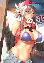  b-ginga baseball_cap bikini blue_eyes blush breasts clothes_lift commentary_request day earrings eyewear_hang fate/grand_order fate_(series) female food hair_ornament hat highres indoors jewelry large_breasts long_hair looking_at_viewer miyamoto_musashi_(fate) miyamoto_musashi_(traveling_outfit)_(fate) mouth_hold navel open_fly pink_hair pink_tank_top ponytail popsicle purple_bikini shirt_lift shorts skindentation solo stomach sunglasses sweat swimsuit tank_top unworn_eyewear 