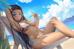  absurdres adapted_costume aqua_eyes aqua_hair arm_up armpits beach beach_chair bikini bikini_tan blue_sky blush breasts cloud commentary_request crossed_legs dark-skinned_female dark_skin day earrings female hair_ornament highres hoop_earrings jewelry long_hair looking_at_viewer lying medium_breasts muji_(majunduo) navel nessa_(pokemon) ocean on_back outdoors pokemon pokemon_swsh side-tie_bikini_bottom sky smile solo strap_pull string_bikini swimsuit tan tanlines underboob white_bikini 