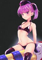  absurdres alternate_costume bad_id bad_twitter_id bare_shoulders bikini black_background blush bow breasts collarbone commentary fate/grand_order fate_(series) female garrison_cap gloves hairbow hat helena_blavatsky_(fate) helena_blavatsky_(swimsuit_archer)_(fate) helena_blavatsky_(swimsuit_archer)_(third_ascension)_(fate) highres karu_(ricardo_2628) looking_at_viewer navel parted_lips ponytail purple_bikini purple_eyes purple_gloves purple_hair shiny_clothes shiny_skin simple_background sitting small_breasts smile solo stomach swimsuit thighhighs 