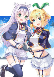  2girls :d absurdres alzano_school_uniform black_footwear black_gloves blonde_hair blue_capelet blue_eyes blue_thighhighs blush boots breasts capelet commentary_request garter_straps gloves green_eyes green_ribbons hair_between_eyes hair_ribbon head_tilt high_ponytail highres holding_hands holmemee interlocked_fingers long_hair medium_breasts midriff multiple_girls navel open_mouth photoshop_(medium) pleated_skirt ponytail ribbon rokudenashi_majutsu_koushi_to_akashic_record round_teeth rumia_tingel school_uniform shirt sidelocks silver_hair sistine_fibel skirt small_breasts smile standing standing_on_one_leg teeth thighhighs upper_teeth_only very_long_hair white_shirt white_skirt wrist_cuffs 