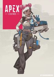  animification apex_legends artist_name black_soldier commentary_request copyright_name d.o.c._health_drone dark-skinned_female dark_skin double_bun female first_aid_kit gloves hair_bun headband highres lifeline_(apex_legends) medic non-humanoid_robot pink_hair pouch robot rope solo v 