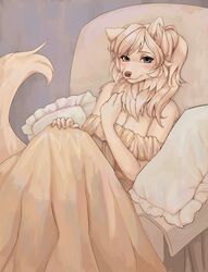  absurd_res anthro biped blush breasts canid canine canis cleavage clothed clothing digital_media_(artwork) dress female fur heterochromia hi_res inner_ear_fluff lapinou light_body light_fur light_theme looking_at_viewer mammal pillow shaded sitting smile snout solo tuft wolf 