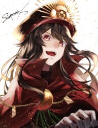  absurdres akiwashi black_hair brooch cape commentary_request fate/grand_order fate_(series) female gloves hat highres jewelry koha-ace long_hair military_hat oda_nobunaga_(fate) oda_nobunaga_(koha-ace) red_eyes signature solo white_gloves 