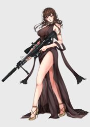  absurdres anti-materiel_rifle armlet assault_rifle bare_legs bare_shoulders bolt_action breasts brown_dress brown_hair bullpup choker cleavage commentary commission dress dsr-50 dsr-50_(girls&#039;_frontline) dsr-50_(highest_bid)_(girls&#039;_frontline) female full_body girls&#039;_frontline grey_background gun high_heels highres holding holding_weapon jewelry kizuchi_r large_breasts long_hair long_legs looking_at_viewer necklace official_alternate_costume red_eyes rifle see-through see-through_cleavage side_slit sniper_rifle solo weapon 