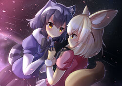  2girls absurdres animal_ear_fluff animal_ears bad_id bad_pixiv_id black_gloves black_hair black_skirt blonde_hair blue_shirt blush commentary_request common_raccoon_(kemono_friends) elbow_gloves eye_contact fennec_(kemono_friends) fox_ears fox_tail from_behind fur-trimmed_gloves fur_collar fur_trim gloves gradient_background gradient_gloves grey_hair grimace highres holding_hands interlocked_fingers kemono_friends looking_at_another multiple_girls petals pink_shirt puffy_short_sleeves puffy_sleeves purple_background raccoon_ears raccoon_tail sachisudesu shirt shnva_(style) short_hair short_sleeves skirt smile standing tail white_gloves white_hair white_skirt yellow_eyes yellow_gloves yuri 