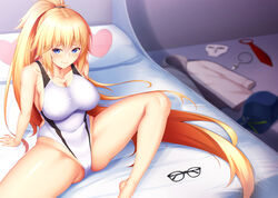  black-framed_eyewear blonde_hair blue_eyes breasts collarbone commentary_request competition_swimsuit covered_navel fate/grand_order fate_(series) female glasses hat heart heart-shaped_pillow highleg highleg_swimsuit highres hood hooded_jacket jacket jeanne_d&#039;arc_(fate) jeanne_d&#039;arc_(swimsuit_archer)_(fate) jeanne_d&#039;arc_(swimsuit_archer)_(second_ascension)_(fate) large_breasts long_hair necktie on_bed one-piece_swimsuit pillow ponytail sitting solo spread_legs swimsuit unworn_eyewear unworn_hat unworn_headwear unworn_jacket unworn_necktie very_long_hair white_jacket white_one-piece_swimsuit yuunagi_(0217) 