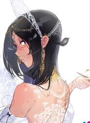  bare_shoulders black_hair blush circlet dark-skinned_female dark_skin ear_piercing earrings female headwear_request jewelry long_hair looking_at_viewer mole mole_under_mouth neck_ring nose_piercing original parted_lips piercing protected_link purple_eyes see-through solo tonito 