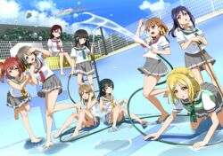  6+girls ahoge ajapar aqua_eyes aqua_neckerchief barefoot black_hair blonde_hair blouse blue_eyes blue_hair blue_sky blunt_bangs braid brown_hair cloud clover_hair_ornament crown_braid day feet fence grey_hair grey_skirt hair_bun hair_ornament hair_rings hairclip half_updo highres hose kunikida_hanamaru kurosawa_dia kurosawa_ruby long_hair love_live! love_live!_sunshine!! matsuura_kanan miniskirt mole mole_under_mouth multiple_girls neckerchief ohara_mari orange_hair outdoors pleated_skirt ponytail pool purple_eyes purple_hair rainbow red_eyes red_hair red_neckerchief ribbon sailor_collar sakurauchi_riko school_uniform serafuku shirt short_hair short_sleeves side_braid single_side_bun skirt sky summer_uniform takami_chika tie_clip tsushima_yoshiko two_side_up uranohoshi_school_uniform washing watanabe_you white_shirt yellow_eyes yellow_neckerchief yellow_ribbon 