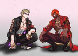  2boys ashwatthama_(fate) blonde_hair brass_knuckles commentary_request dark-skinned_male dark_skin fate/grand_order fate_(series) hair_between_eyes hair_over_one_eye kuroba.k long_sleeves loose_clothes male_focus midriff_sarashi multiple_boys muscular muscular_male pants pectorals red_hair sakata_kintoki_(fate) sakata_kintoki_(rider)_(fate) sarashi short_hair simple_background sleeves_rolled_up squatting sunglasses weapon yellow_eyes 