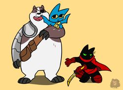  2019 absurd_res adorabat anthro badger badgerclops black_body black_fur blue_body cartoon_network domestic_cat eye_patch eyewear felid feline felis fur group hi_res humanoid_hands male mammal mao_mao:_heroes_of_pure_heart melee_weapon mustelid musteline overweight overweight_male pegleg sheriff_mao_mao_mao simple_background sword syncrotrace weapon white_body white_fur 