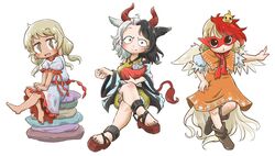  3girls animal animal_ears animal_on_head ascot barefoot bird bird_wings black_hair blonde_hair blouse boots chamaji chick commentary_request cow_ears cow_girl cow_horns cow_tail dress ebisu_eika haori hiyoko-chan horns japanese_clothes looking_at_viewer multicolored_hair multiple_girls nissin niwatari_kutaka on_head red_hair red_horns red_tail rock sandals shirt short_sleeves simple_background sitting sitting_on_rock skirt smile split-color_hair statue tail touhou two-tone_hair ushizaki_urumi wily_beast_and_weakest_creature wings 