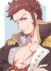  1boy blue_eyes brown_hair commentary_request epaulettes facial_hair fate/grand_order fate_(series) goatee highres long_sideburns long_sleeves looking_at_viewer male_focus manami_(fearfac666) military muscular muscular_male napoleon_bonaparte_(fate) pectoral_cleavage pectorals scar short_hair sideburns simple_background smile solo uniform upper_body 