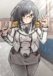  aga_marino bad_id bad_twitter_id black_hair black_necktie black_pantyhose buttons collared_shirt commentary_request cosplay cowboy_shot crest double-breasted epaulettes female glasses gloves grey_skirt highres jacket kantai_collection katori_(kancolle) katori_(kancolle)_(cosplay) leaning_forward looking_at_viewer military military_uniform miniskirt necktie pantyhose pencil_skirt red-framed_eyewear red_eyes riding_crop shirt short_hair skirt smile solo uniform white_gloves yamashiro_(kancolle) 