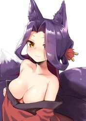  :3 animal_ear_fluff animal_ears areola_slip bare_shoulders blush breasts brown_eyes cleavage closed_mouth collarbone commentary_request female forehead fox_ears fox_girl fox_tail hair_ornament hair_over_one_eye haru_(renol) highres japanese_clothes kimono large_breasts long_hair looking_at_viewer multicolored_hair off_shoulder parted_bangs purple_hair red_kimono sewayaki_kitsune_no_senko-san simple_background smile solo sora_(sewayaki_kitsune_no_senko-san) tail two-tone_hair upper_body white_background 