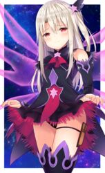  absurdres ascot bad_id bad_pixiv_id black_dress black_panties black_thighhighs closed_mouth dress fate/grand_order fate/kaleid_liner_prisma_illya fate_(series) female grey_hair hair_between_eyes hair_ornament highres illyasviel_von_einzbern long_hair looking_at_viewer one_side_up panties prisma_illya purple_wings red_ascot red_eyes skindentation sky smile solo star_(sky) star_(symbol) star_hair_ornament starry_sky testament_(fate) thigh_strap thighhighs transparent_wings underwear very_long_hair wings yuzuzukushi 