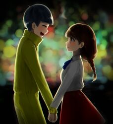  1boy black_hair blue_ribbon blush brown_hair commentary female jyushimatsu&#039;s_girlfriend nemuaki osomatsu-san osomatsu_(series) ribbon skirt smile sweater uniform yellow_sweater 