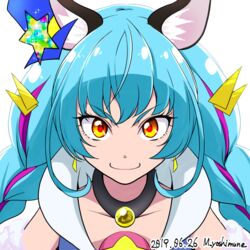  animal_ear_fluff animal_ears aqua_hair braid close-up collar commentary_request cure_cosmo dated earrings female hair_ornament jewelry magical_girl portrait precure signature simple_background solo star_twinkle_precure twin_braids yoshimune yuni_(precure) 